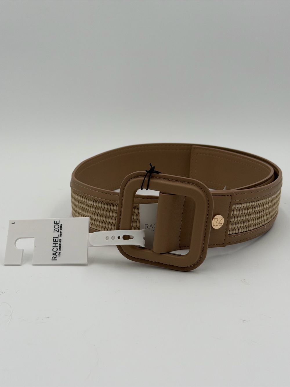 NWT Rachel Zoe Tan Braided Straw Waist Belt Size L